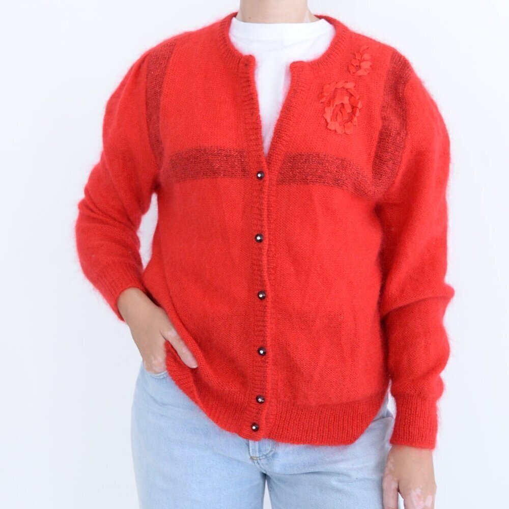 Vintage Red w Floral Detail Button Up Fuzzy Mohair Cardigan Sweater L